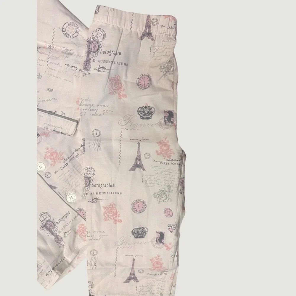 Petite Plume Girls Kids 3 Paris Musings Pajama Set Pink Grey Cotton Luxury NEW